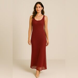 BCBG Red Vintage Y2K 90s  Boho Silk Wool Sheer Lined Maxi Dress Size 2